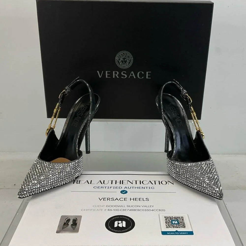 Versace Silver Gold Black Leather Bling Embellished Slingback Pumps 35.5 / US 5